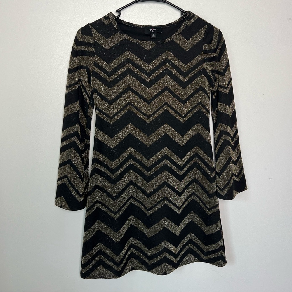 Girls Black and Gold Chevron Dress‎ Holiday Party Christmas L 14